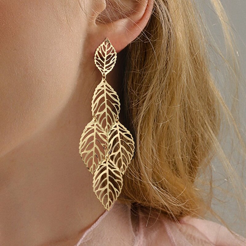 

Layered Hollow Leaf Drop Earrings 1pair, Gold