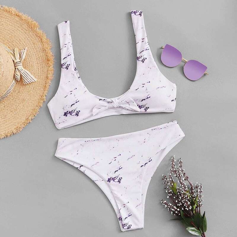 

Random Pattern Knot Front Bikini Set, White