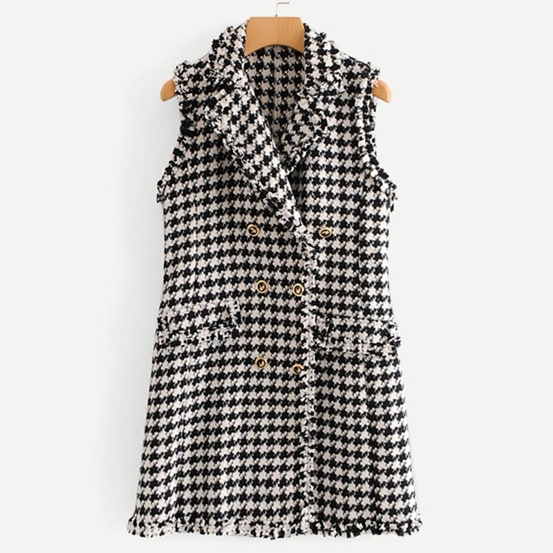 

Double Breasted Houndstooth Tweed Outerwear, Black and white