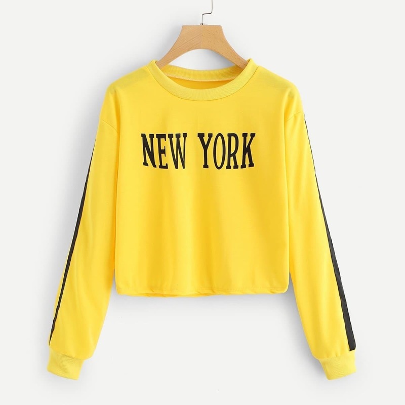 

Contrast Tape Side Letter Print Sweatshirt, Yellow bright
