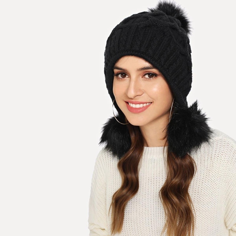 

Pom-Pom Decorated Beanie Hat, Black