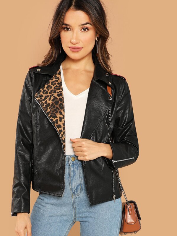 Leopard Print Faux Leather Biker Jacket