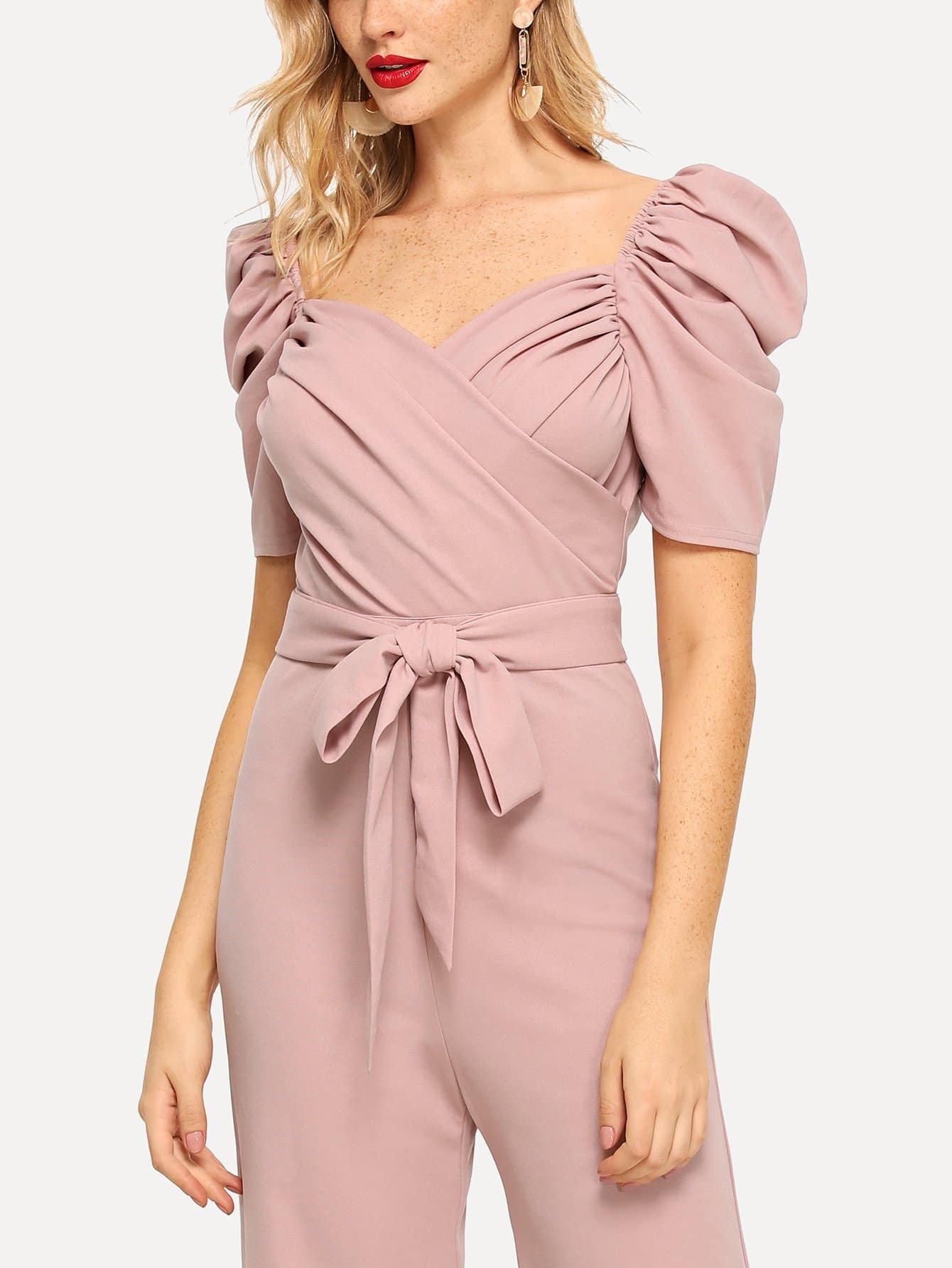 Gathered sleeve surplice neck ruched jumpsuit Clearance