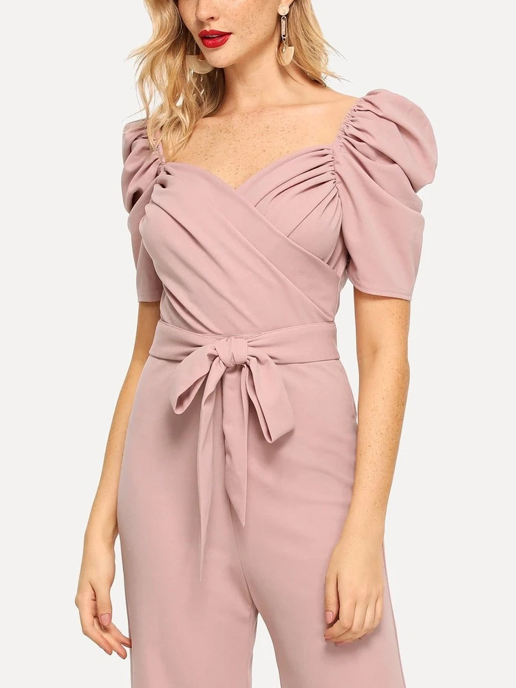 gathered sleeve surplice neck ruched jumpsuit