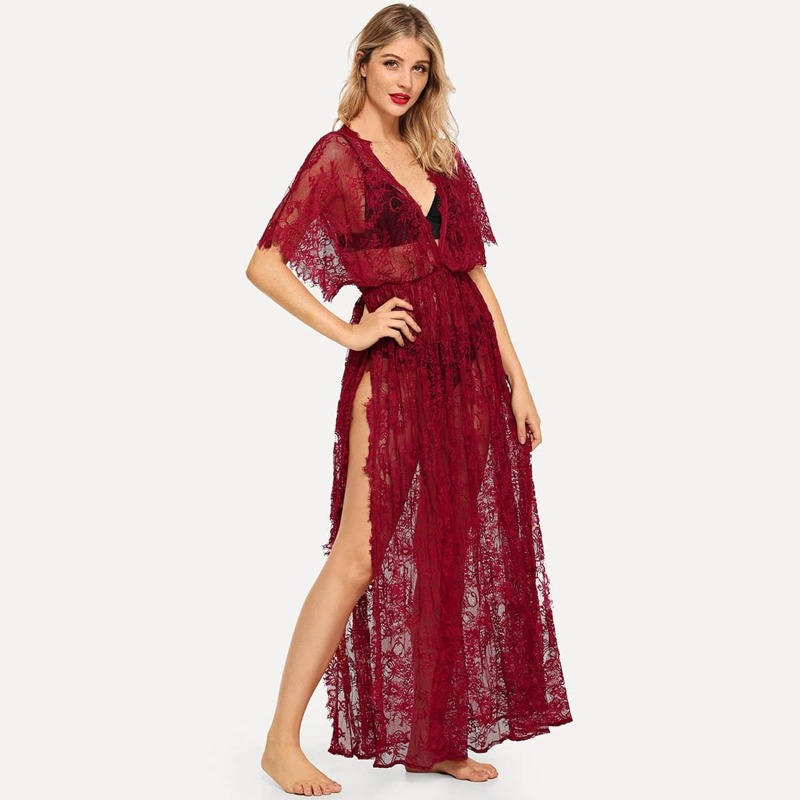 

Surplice Wrap Sheer Eyelash Lace Night Dress without Lingerie Set, Burgundy