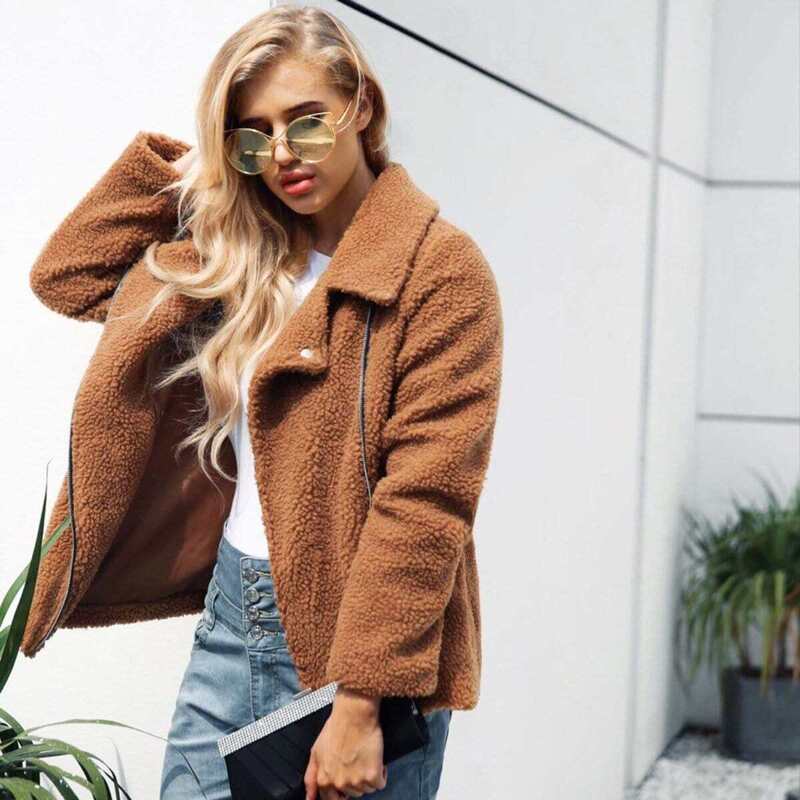 

Notched Neck Zip Up Solid Teddy Jacket, Brown