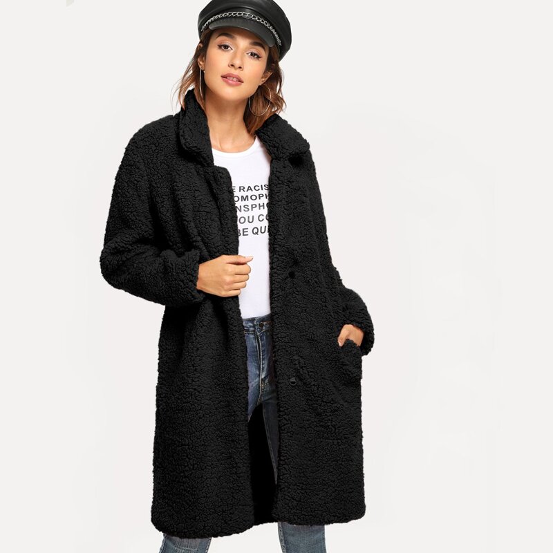 

Pocket Side Solid Teddy Outerwear, Black