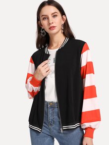 Two Tone Sleeve Stripe Trim Jacket