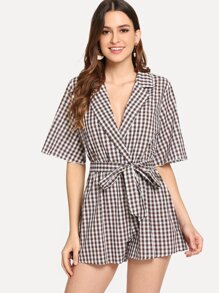 Self Belted Wide Leg Gingham Romper