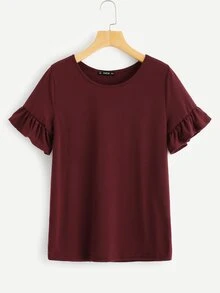 SHEIN LUNE Camiseta sólida de manga con volante - Burdeos - Ver 1
