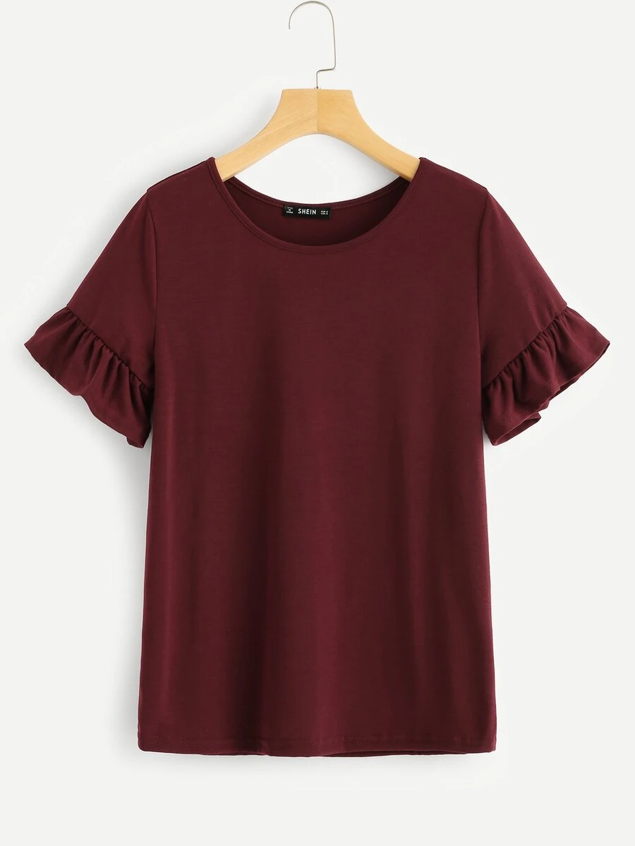 SHEIN LUNE Camiseta sólida de manga con volante - Burdeos - Ver 1