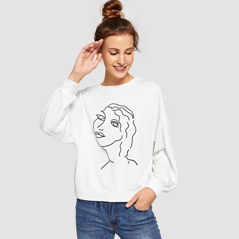 

Drawstring Sketch Print Pullover, White