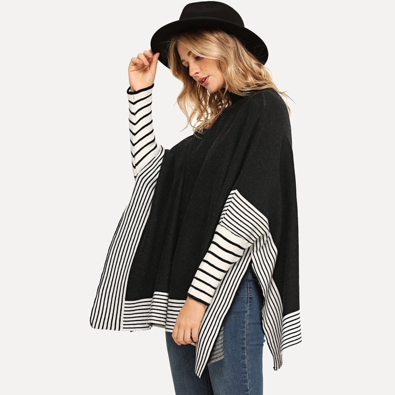 

Contrast Striped Poncho Jumper, Black