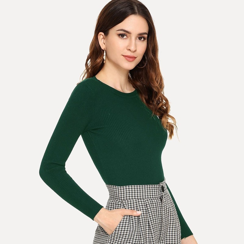 

Solid Ribbed Skinny Jumper, Green