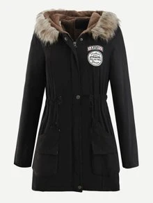 Patched Fuzzy Collar Hooded Parkas Coat - Black - View 1