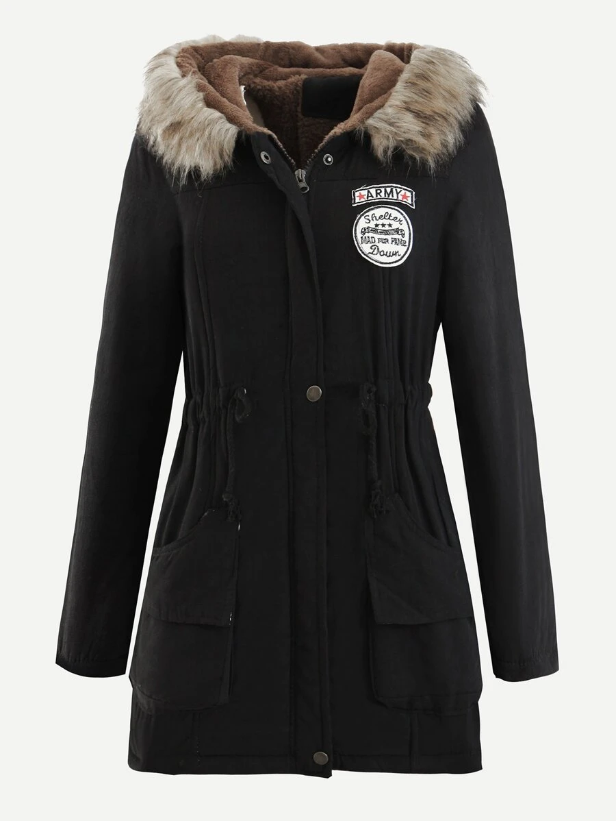 Patched Fuzzy Collar Hooded Parkas Coat - Black - View 1