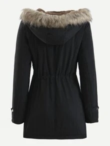 Patched Fuzzy Collar Hooded Parkas Coat - Black - View 2