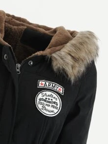 Patched Fuzzy Collar Hooded Parkas Coat - Black - View 3