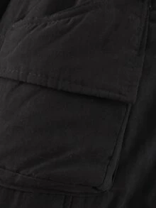 Patched Fuzzy Collar Hooded Parkas Coat - Black - View 4