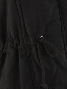 Patched Fuzzy Collar Hooded Parkas Coat - Black - View 5