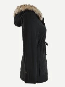 Patched Fuzzy Collar Hooded Parkas Coat - Black - View 6