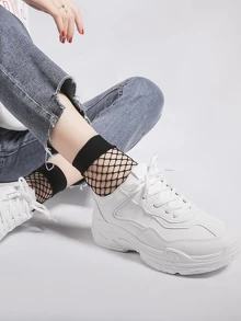 Women White Lace Up Artificial Leather Chunky Sole Trainers