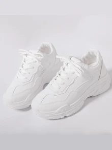 Women White Lace Up Artificial Leather Chunky Sole Trainers