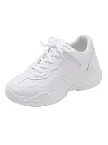 Women White Lace Up Artificial Leather Chunky Sole Trainers