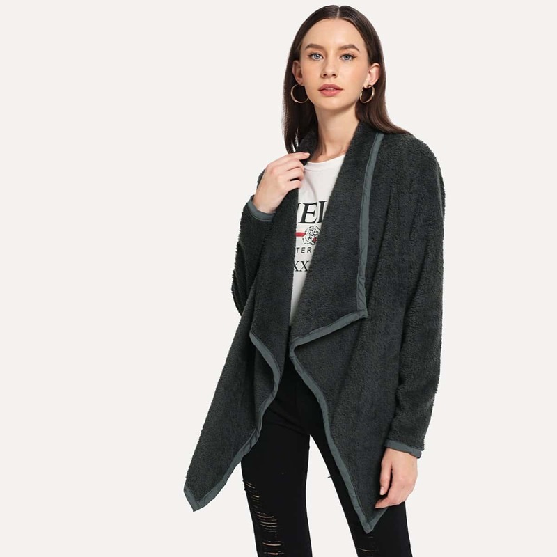 

Solid Waterfall Neck Teddy Outerwear, Grey