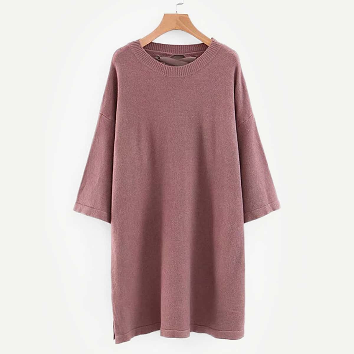 

Lace-Up Back Slit Hem Solid Knit Dress, Pink