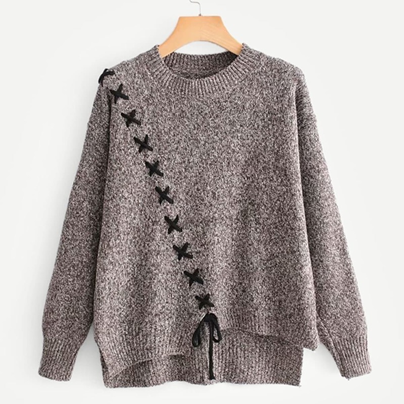 

Lace-Up Asymmetric Hem Jumper, Grey