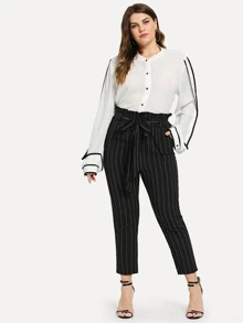 ROMWE 黑色休閒口袋條紋加大褲子 - 黑與白 - 查看 4