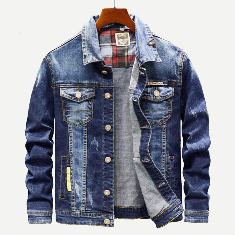 

Guys Ripped Letter Print Wash Denim Jacket, Blue