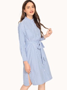 Single Breasted Belted Striped Dress