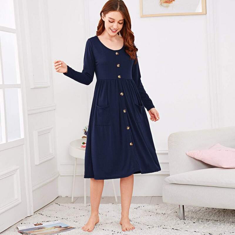 

Pocket Front Button Detail Night Dress, Navy
