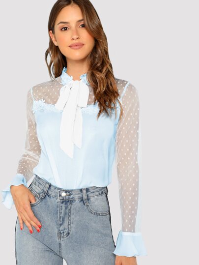 Tie Neck Dot Sheer Yoke Lace Applique Blouse pictures