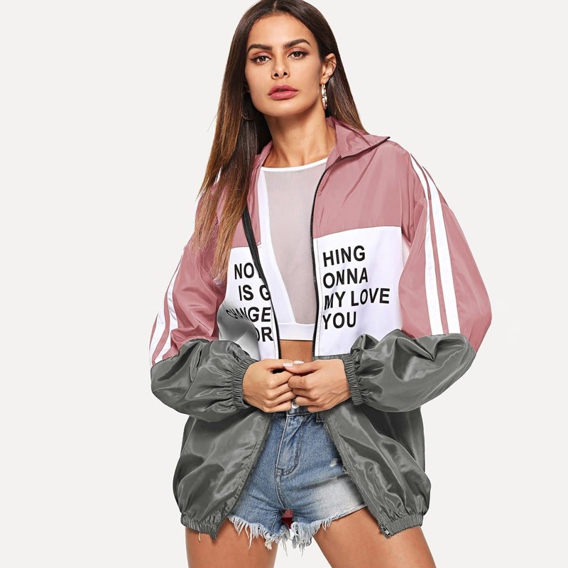 

Zip Up Color Block Letter Print Jacket, Multicolor