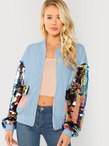 Contrast Sequin Sleeve Pocket Front Jacket