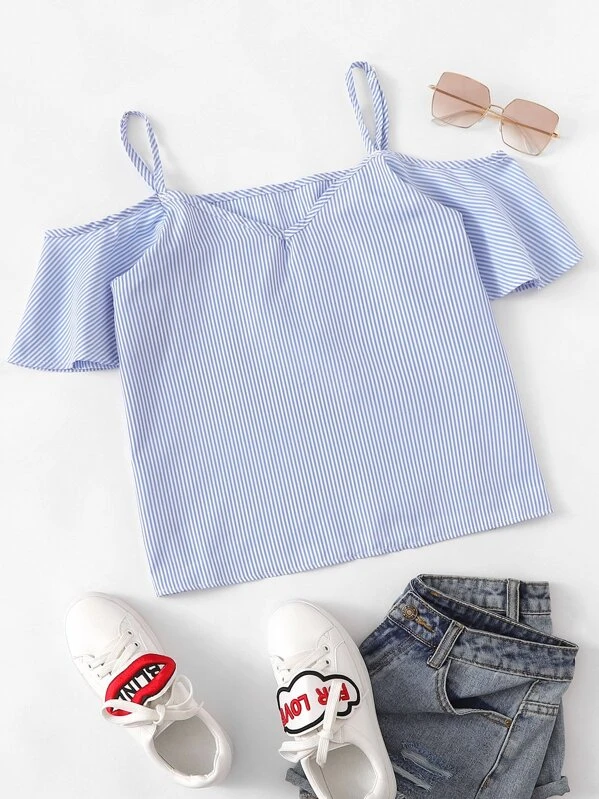 Keepfit Pinstripe Cold Shoulder Clothing Tops for Women Spaghetti Strap Blouse
