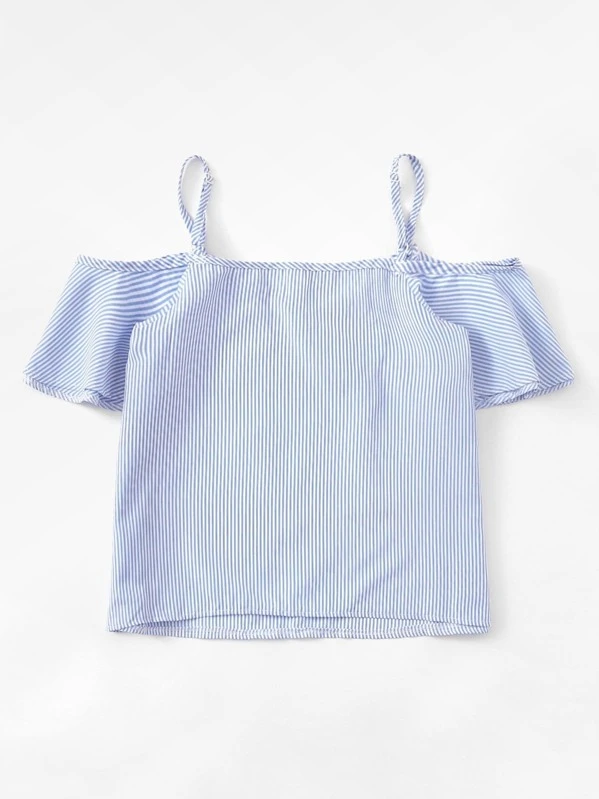 Keepfit Pinstripe Cold Shoulder Clothing Tops for Women Spaghetti Strap Blouse