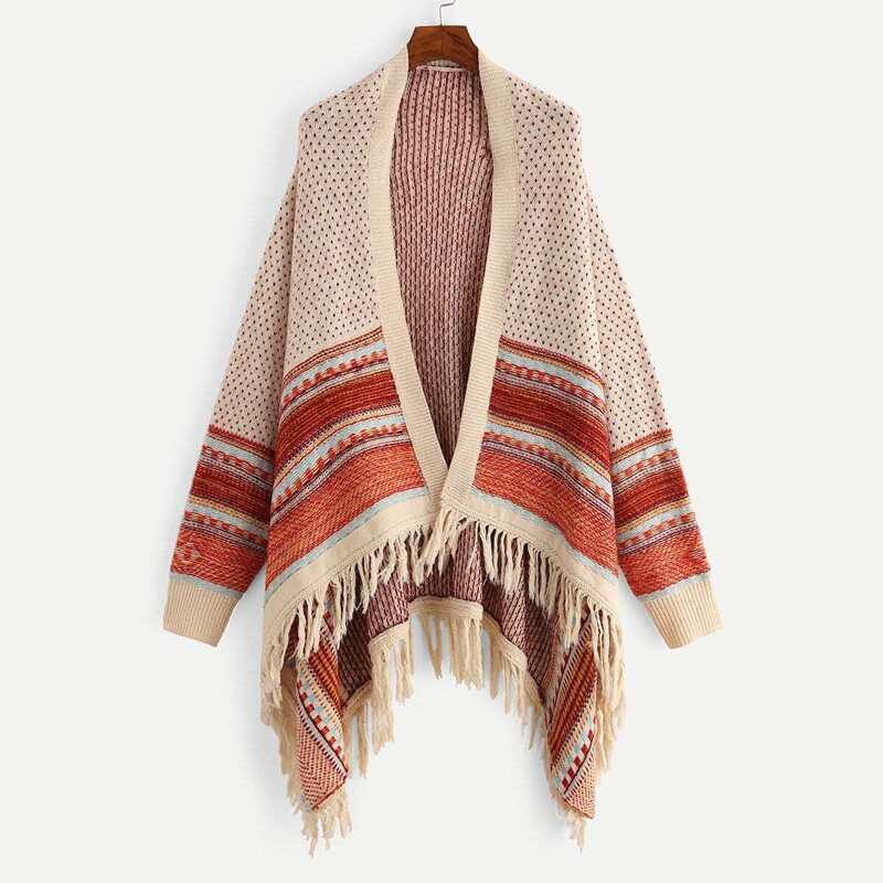 

Color-Block Fringe Hem Cardigan, Beige multicolor