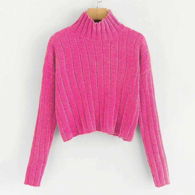 

Neon Pink High Neck Raw Hem Crop Sweater