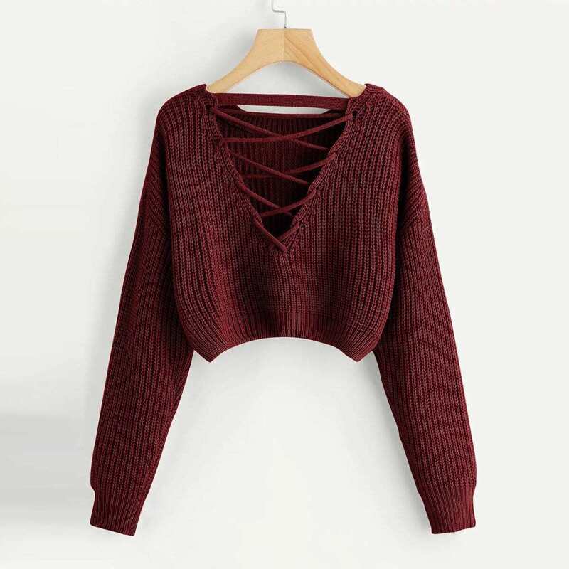 

Lace-Up V Back Crop Sweater, Burgundy