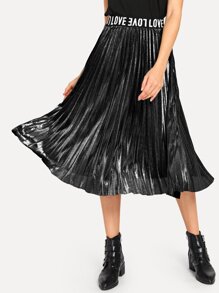 Letter Print Pleated Metallic Skirt