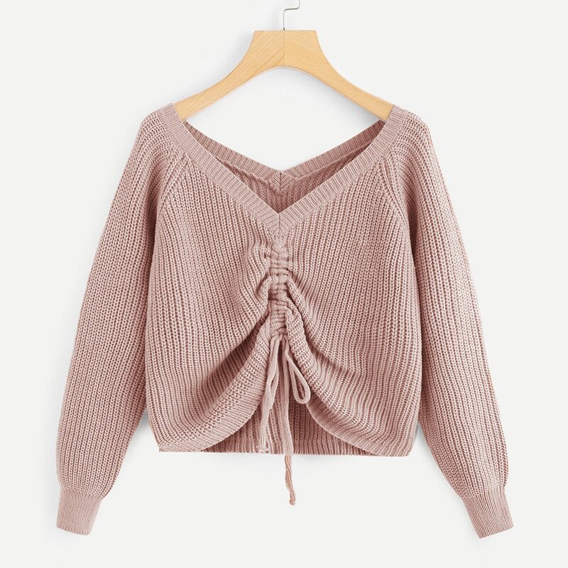 

Drawstring Detail Solid Sweater, Pink