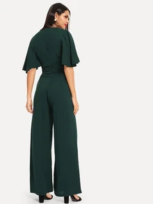 SHEIN 交叉領抽褶細節纯色連身褲 - 墨綠色 - 查看 2