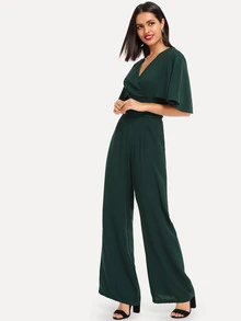 SHEIN 交叉領抽褶細節纯色連身褲 - 墨綠色 - 查看 3