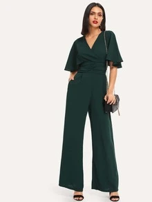SHEIN 交叉領抽褶細節纯色連身褲 - 墨綠色 - 查看 4