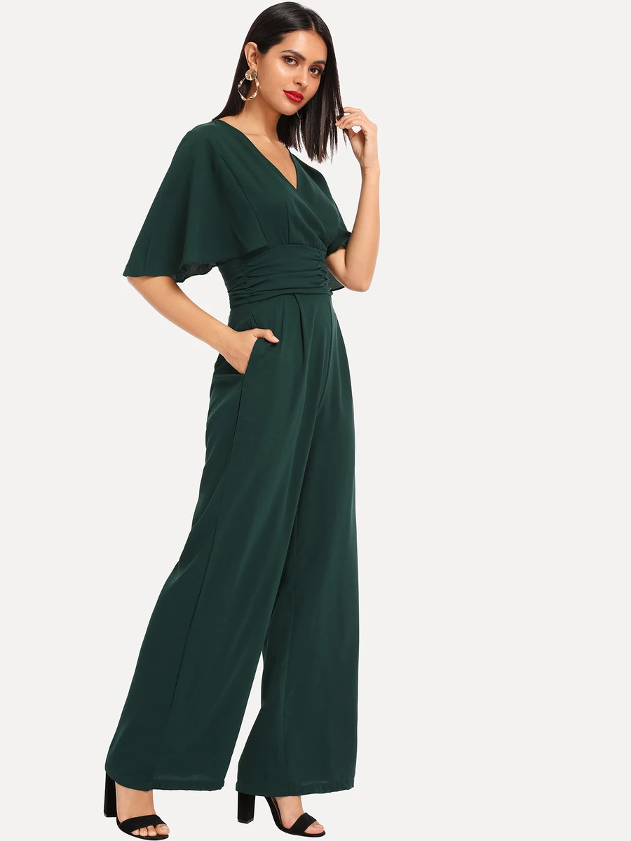 SHEIN 交叉領抽褶細節纯色連身褲 - 墨綠色 - 查看 1