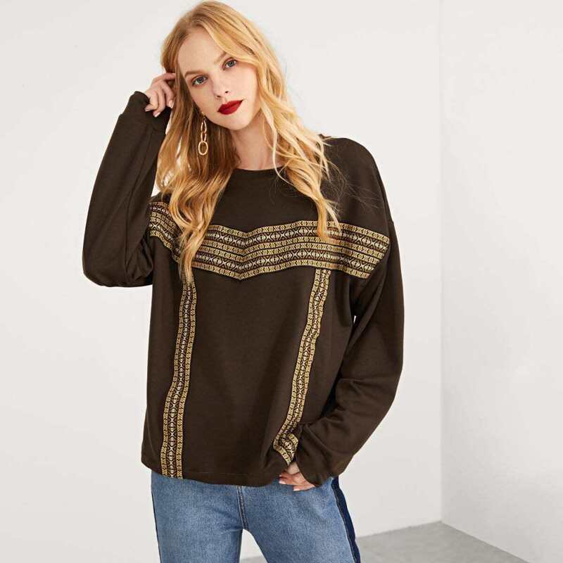

Embroidered Tape Detail Pullover, Brown